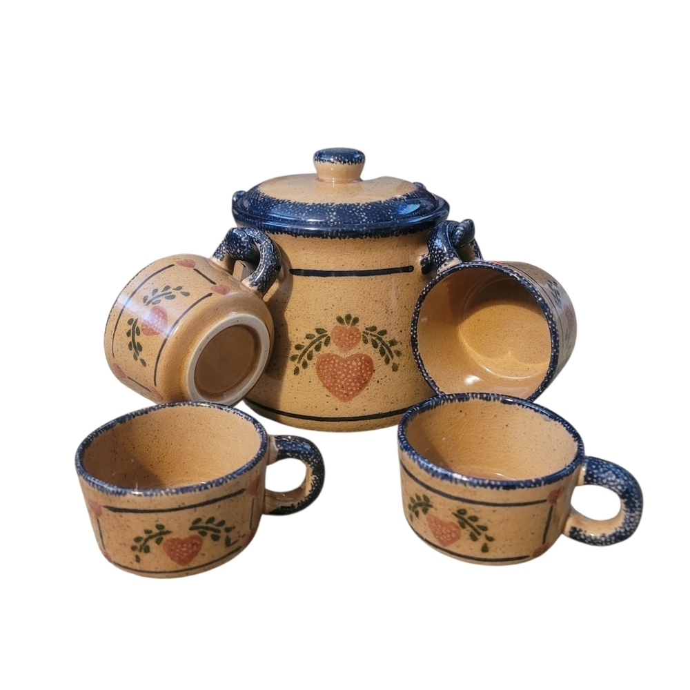 Vintage Stoneware Soup or Beverage Canister with 4 Cups and Lid - Picture 2 of 6
